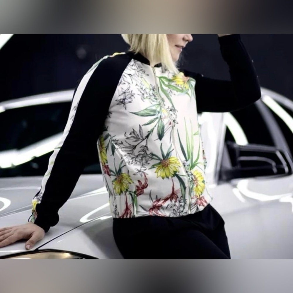 Zara Trafaluc floral bomber jacket with black long sleeves